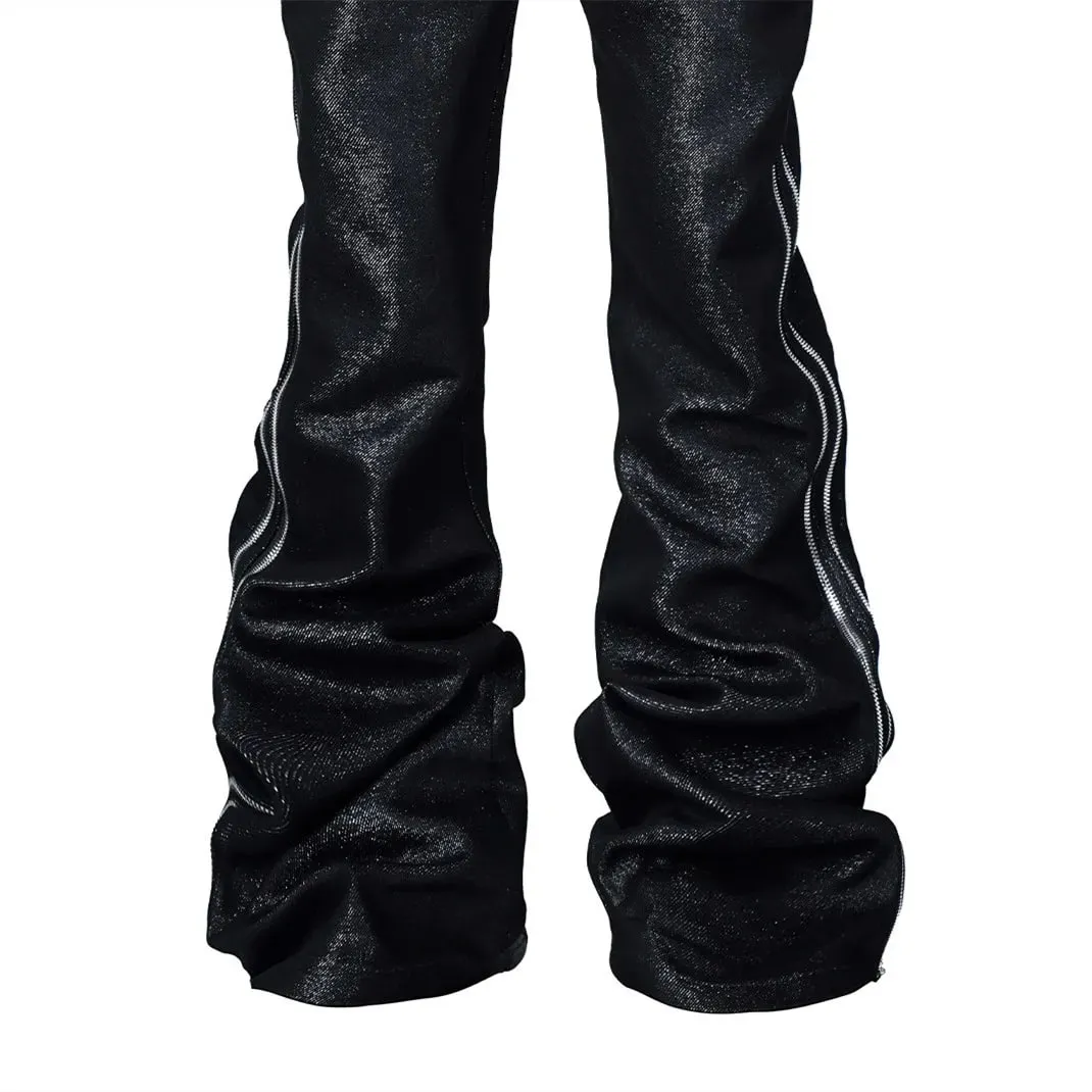 High Quality Silver Thread Woven Metal Texture Bootcut Jeans Man Side Double Zippers Gothic Punk Stacked Jeans
