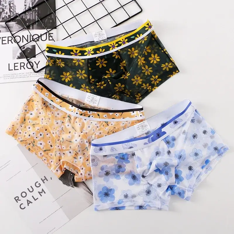 Men's Mesh Boxer Briefs Floral Print Ice Silk Underwear Ultra-Thin Transparent Breathable Soft High Stretch Quick-Dry Panties — image 12