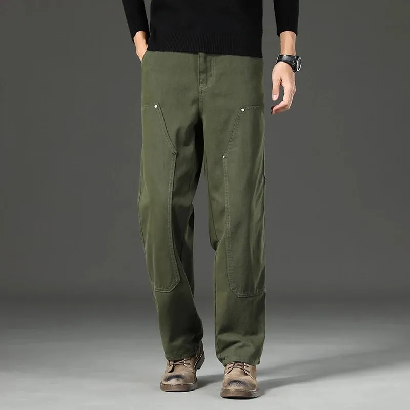 High Quality Spring New Style Straight Loose Men's Casual Pants Rivet Splicing Safari Style Cotton Trousers Army Green Jeans — image 2