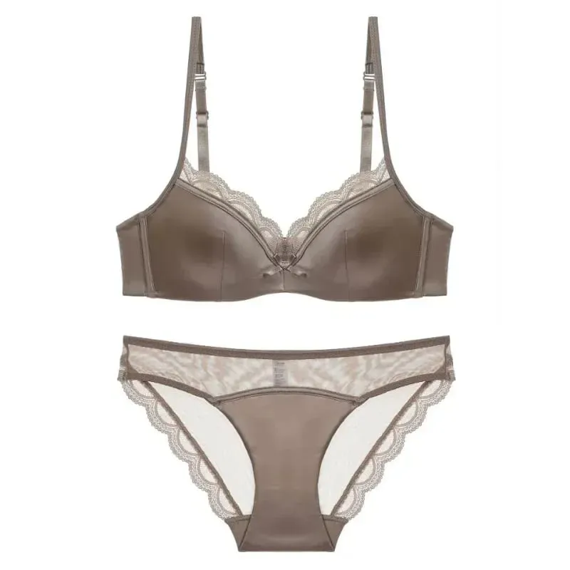 Women's Thin Smooth Satin Bra & Briefs Set Summer Solid Lace Decor Anti Sagging Lingerie Bra Sweet Underwear Suit Нижнее Белье