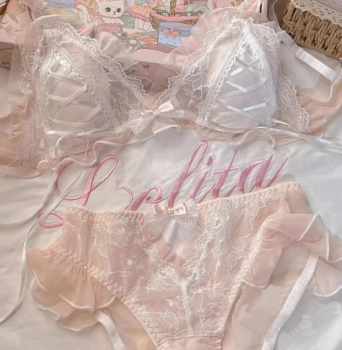 Lolita Style Thin Lace Triangle Cup Bra Set for Women Cute Small Bust Sexy Lingerie Underwear — image 10