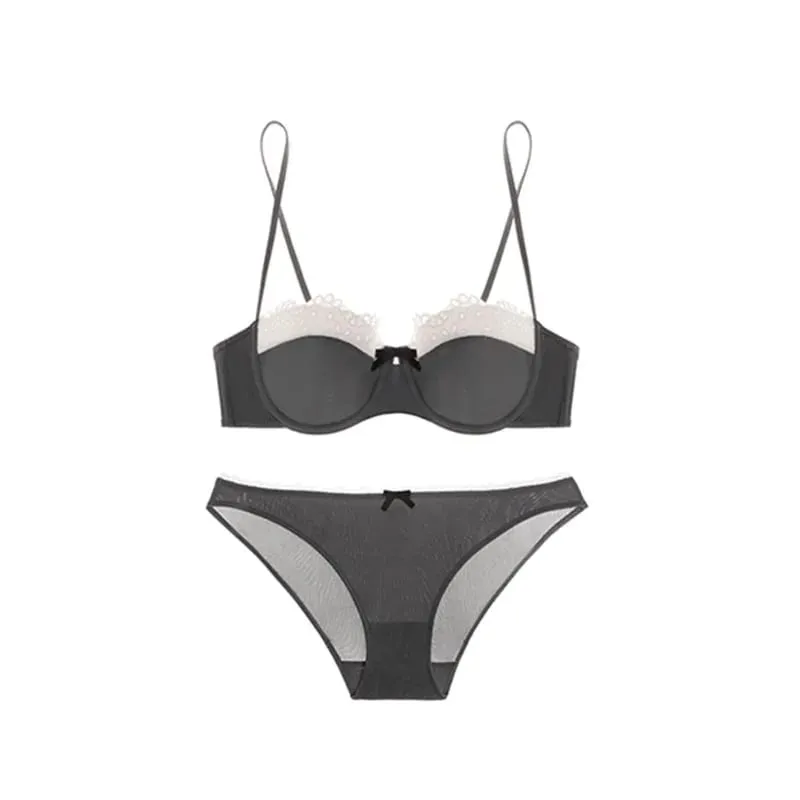 Elegant Women's Lace Lingerie Set Delicate Sensual Bralette Small Breasts Gather Support Thin Summer Bra Beautiful Back Design
