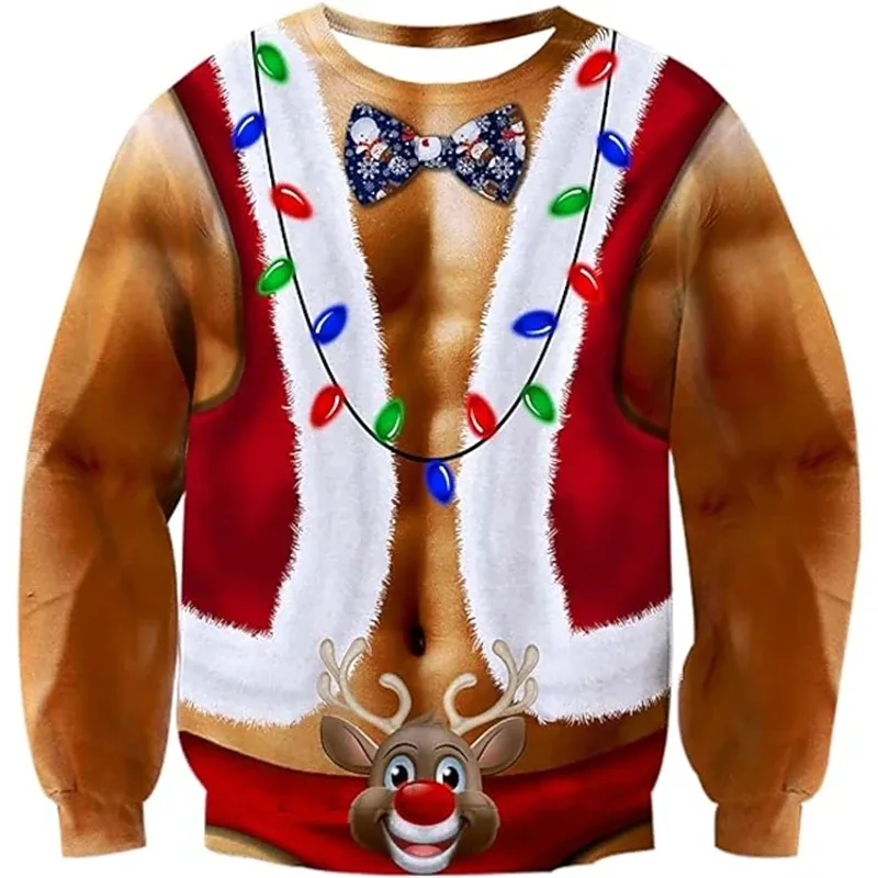 Sweater Hodoh Krismas Baju Kemeja Corak Otot Cetakan 3D Lucu untuk Lelaki Pakaian Cosplay Pesta Pullover Fesyen Baharu Hadiah Xmas — image 3