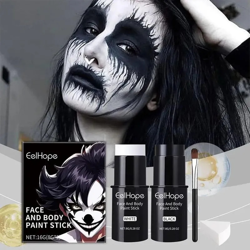 Black White Face Body Paint Kit Cover Foundation Clown Färgglad Långvarig Vattentät Halloween Festlig Makeup Tillbehör Set — image 4