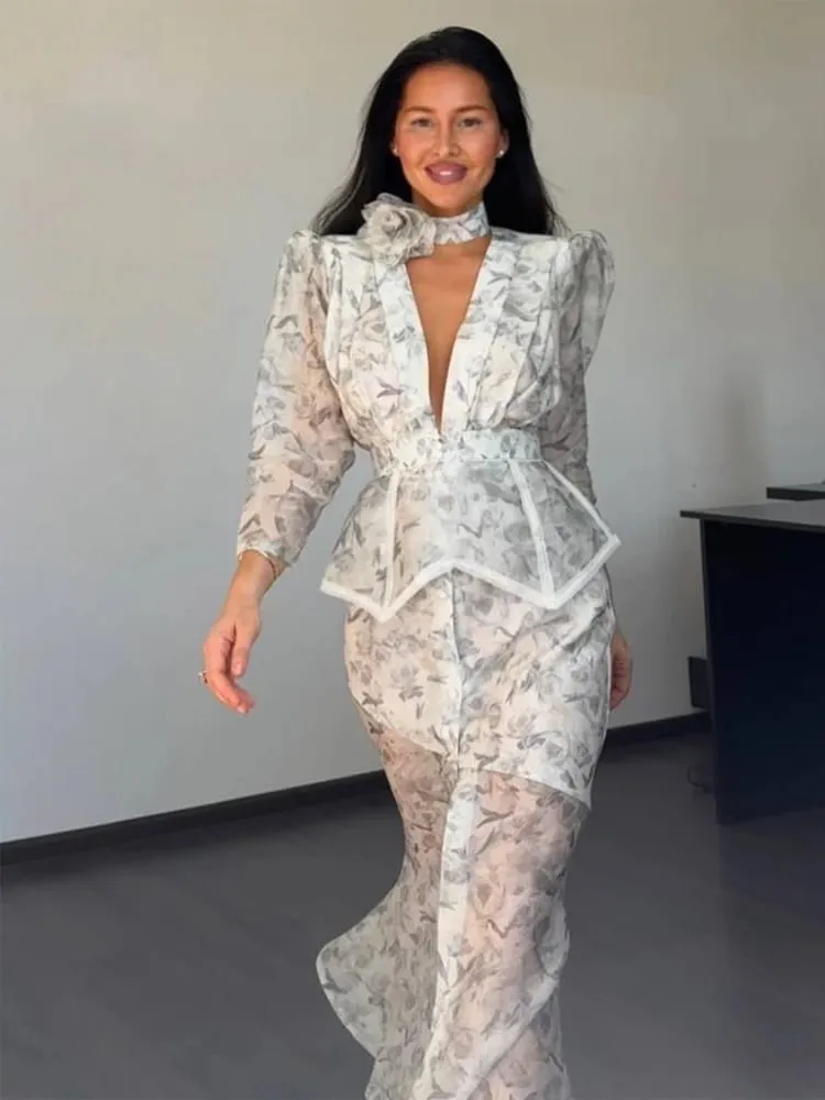 Chic Puff Sleeve Flora Printed Maxi Dress V-neck Waist Cinching Split Elegant Women's Dresses for Party 2026 Female Clothing New