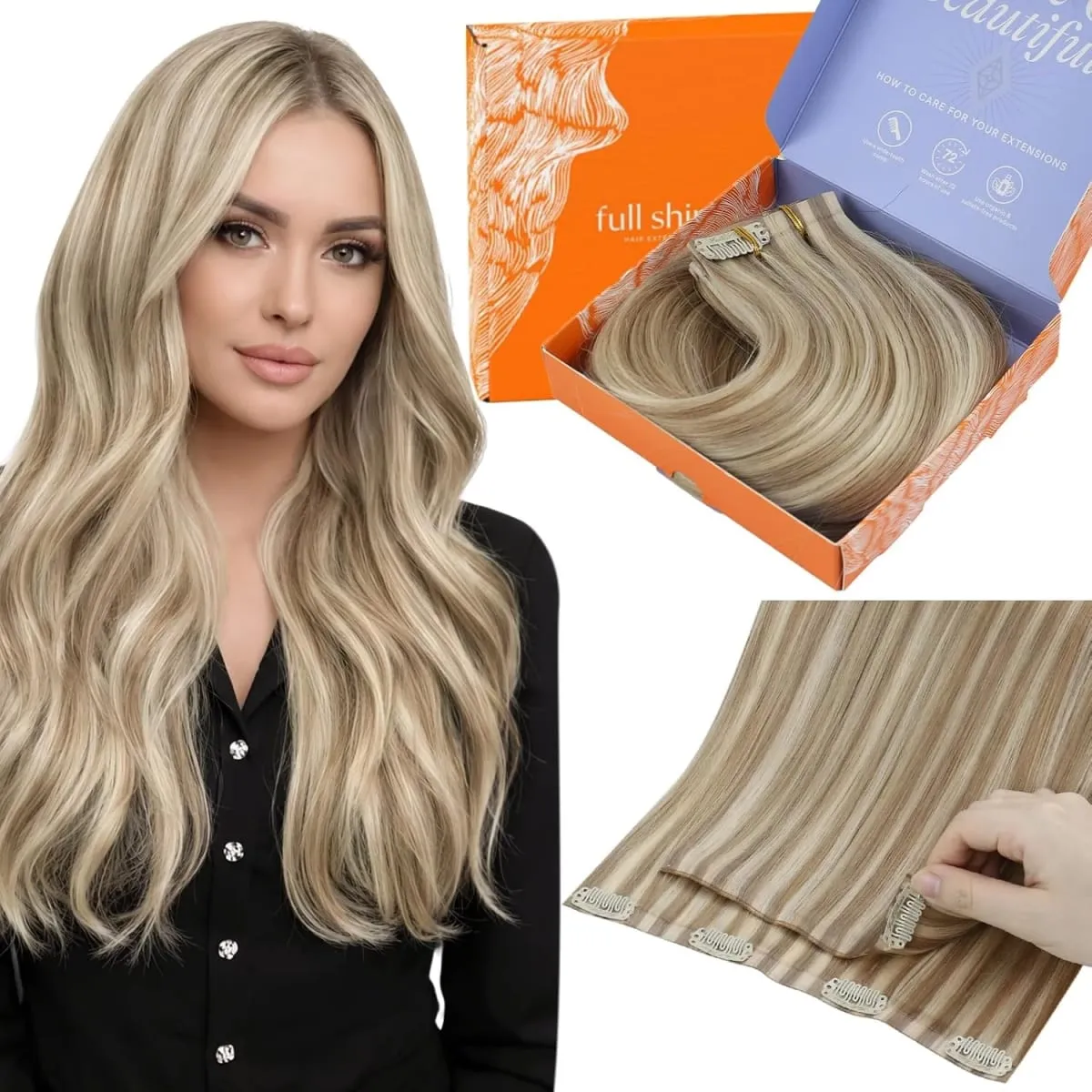 Full Shine 7 Pcs Genius Weft Clip In Hair Extensions Human Hair Seamless Invisible PU Weft Clip Ins For Women — image 11