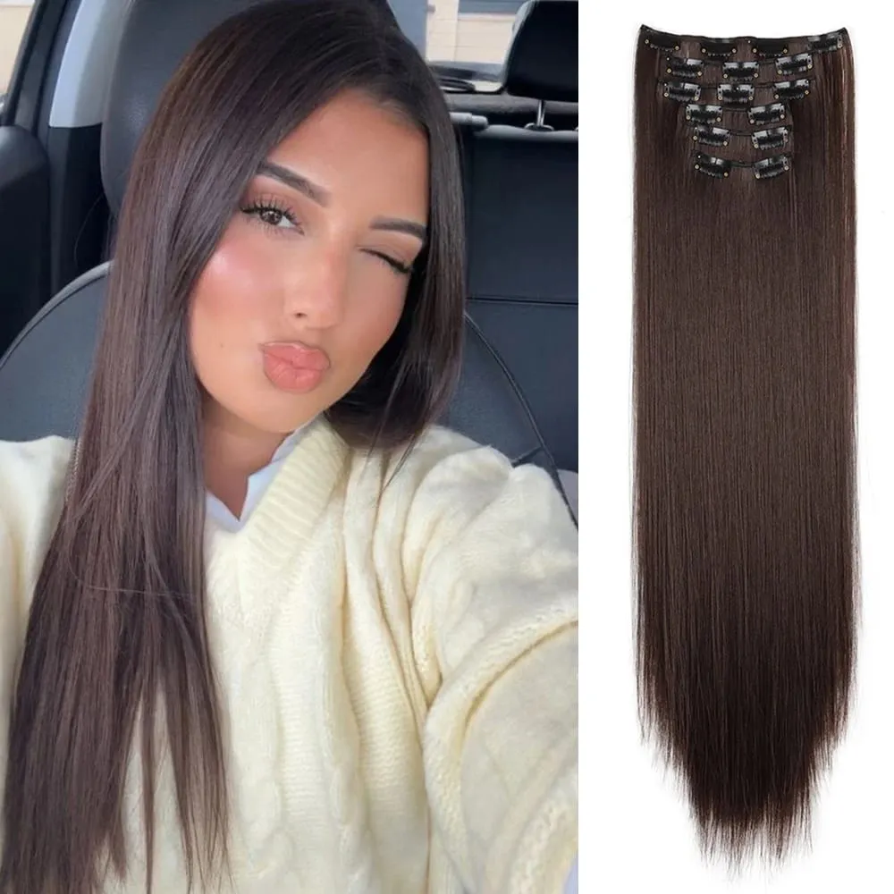 Black Hair Extensions 24"/60cm 6pcs/set Women Long Straight Synthetic Full Head Clip 16 Clips Ombre Heat Resistant Fiber Hair
