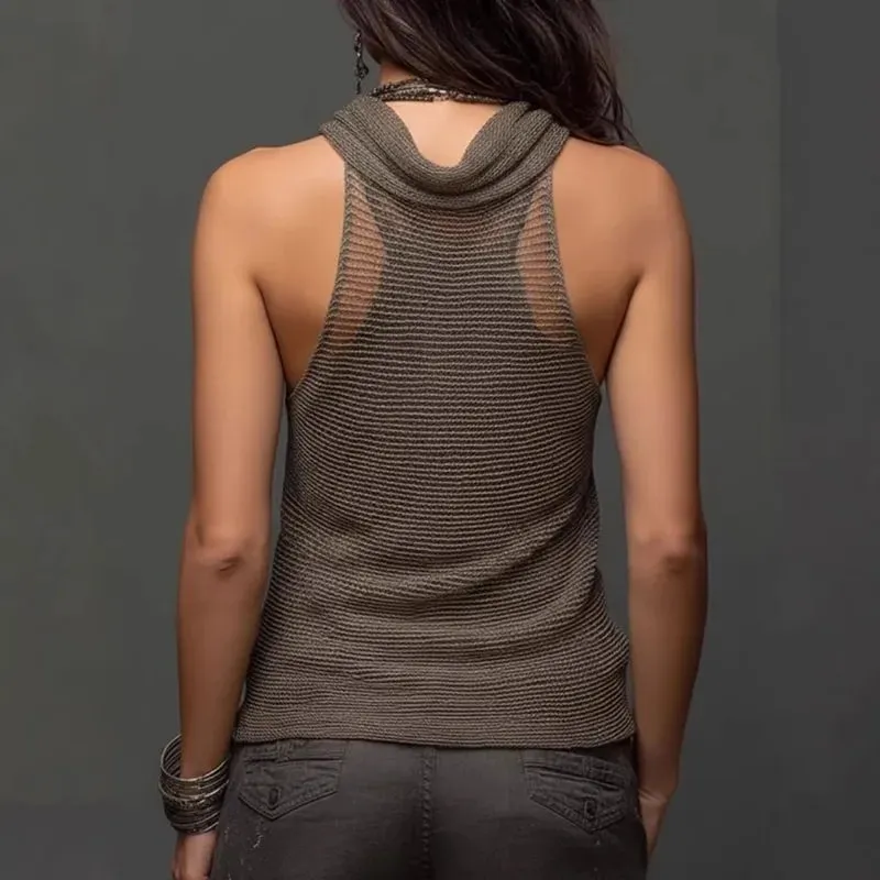 Boho Style Knit Halter Top Women Sleeveless See Through Hollow Out Irregular Hem Sun Protection Outerwear Casual Vacation Vest — image 5