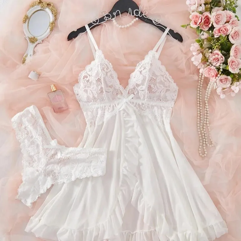 Women's Sexy Lace V-Neck Babydoll Lingerie Set 2 Piece Soft Nightdress with Panty Sleepwear for Honeymoon S-XL — image 6