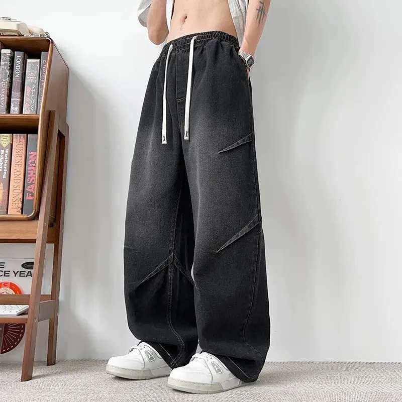 Spring And Summer Korean Retro Men'S Jeans Loose Wide Leg Pants Casual Straight Leg Pants Drawstring Workwear Pants — image 3