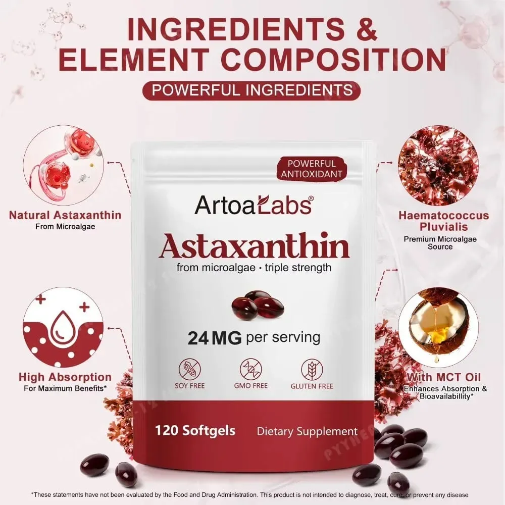 Astaxanthin Softgels 24Mg Kekuatan Tiga Kali Lipat Antioksidan Kuat Mendukung Kesehatan Mata Mikroalga Bebas Kedelai Bebas Gluten 120 Hitung — image 4
