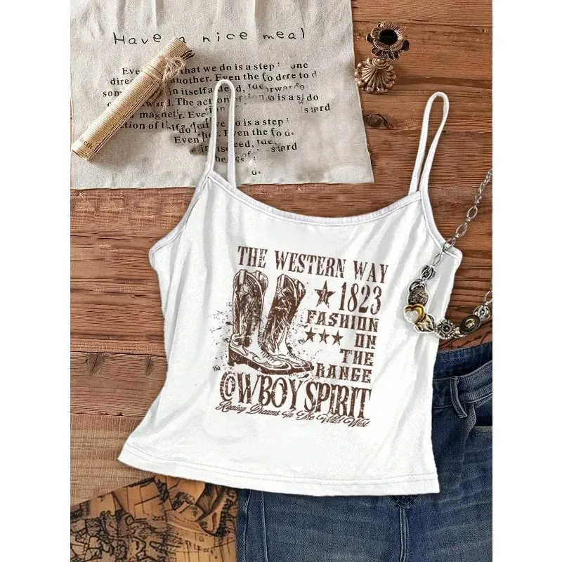 Women Western Cowboy Boots Print Spaghetti Strap Cami Top Vintage Distressed Letter Graphic Sleeveless Crop Tank Top Country