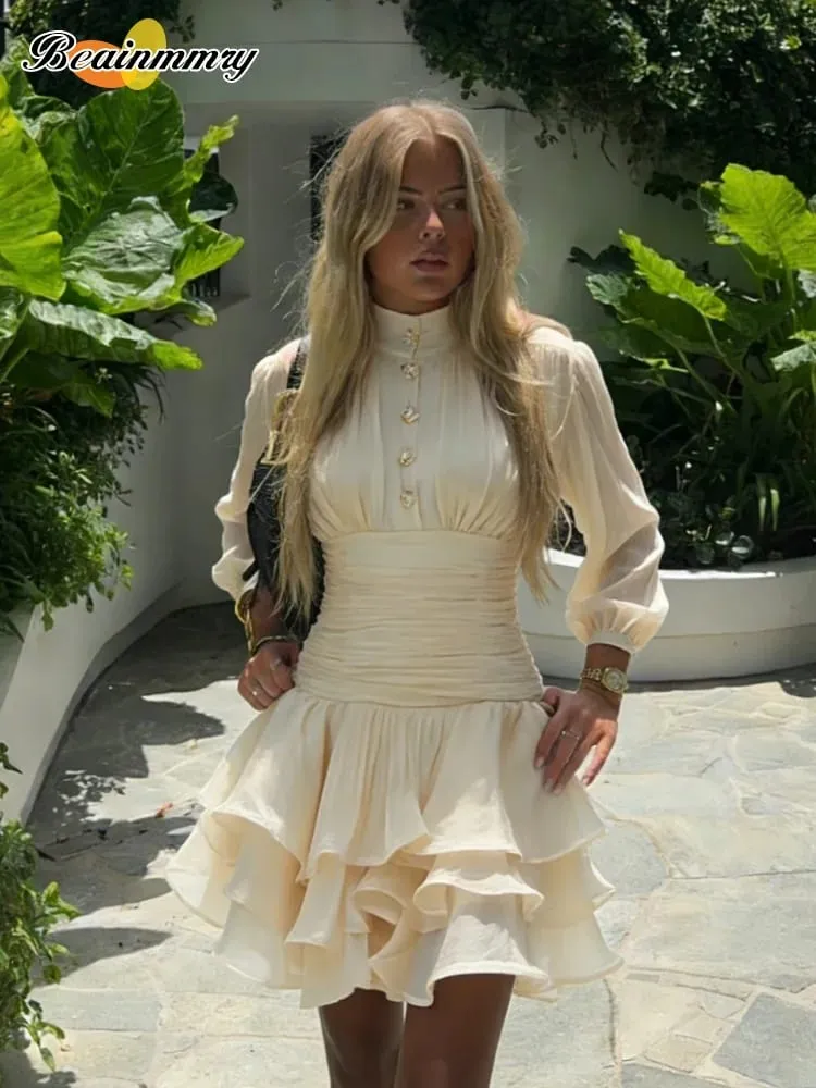 Cream Victorian-inspired Mini Dress Women Puff-sleeve Ruched Tiered Romantic Cottagecore Party Dresses 2026 Trendy Chic Outfit