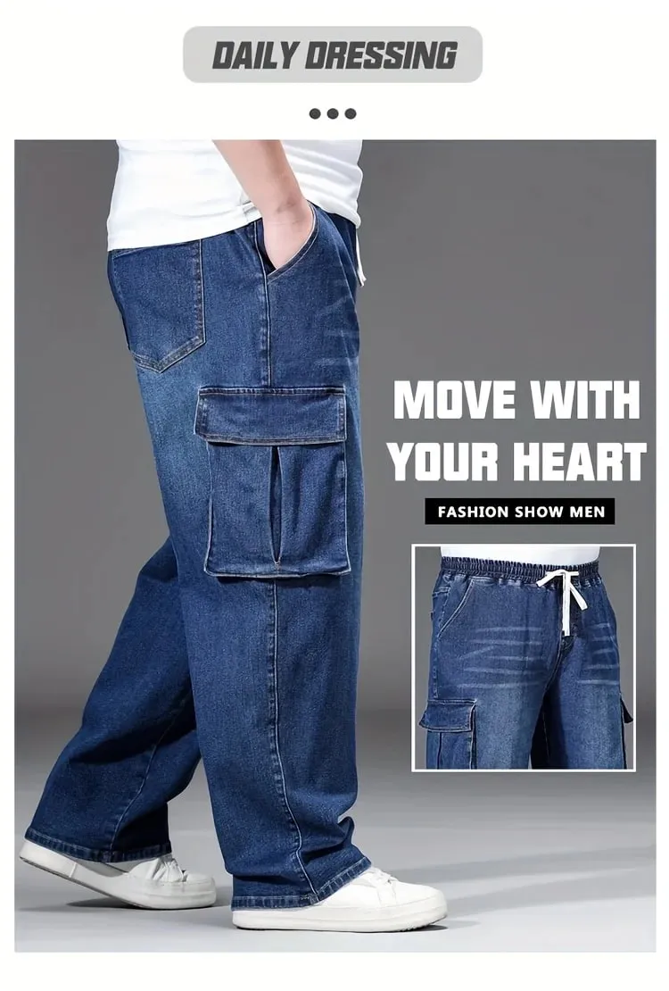 2026 New Men Oversized Jeans High Waist Elastic Drawstring Stretch Baggy Denim Pants Casual Versatile Plus Size Trousers