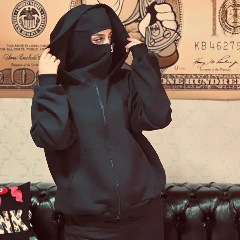 2025 Autumn Men Balaclava Y2K Gothic Harajuku Winter New Item Double Hooded Sweatshirt Men's Hooded Mask Zipper Sportswear Women