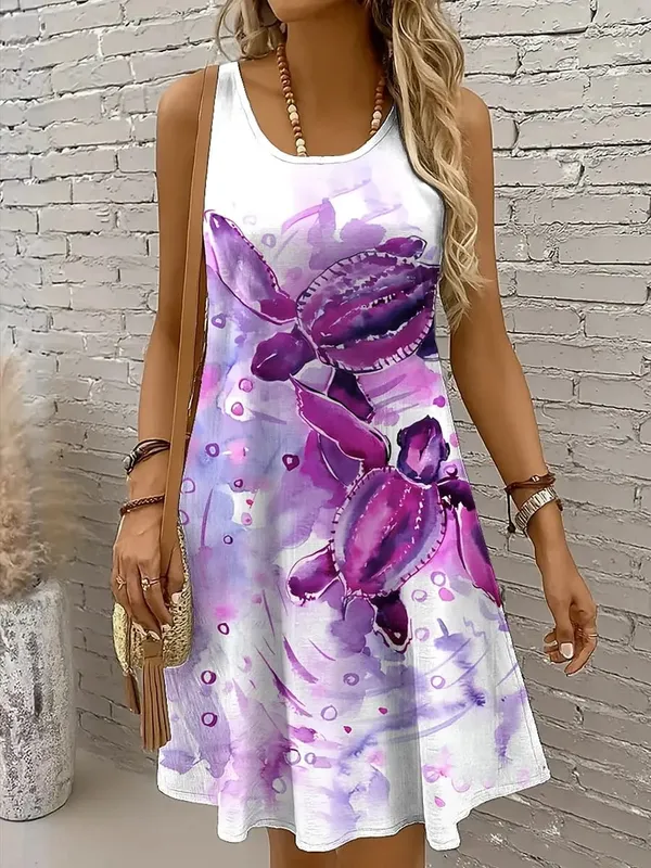 Women's Off Shoulder Sleeveless Crew Neck A-Line Mini Dress Turtle Print Casual Spring Summer Beach Vacation Dress — image 4