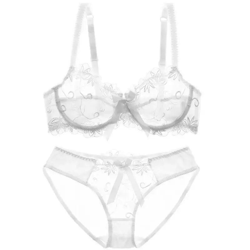 Conjunto de Sujetador de encaje de malla transparente para mujer, lencería Sexy, reductor fino, busto grande, lazo, deseo puro, ropa interior 34-40 BC
