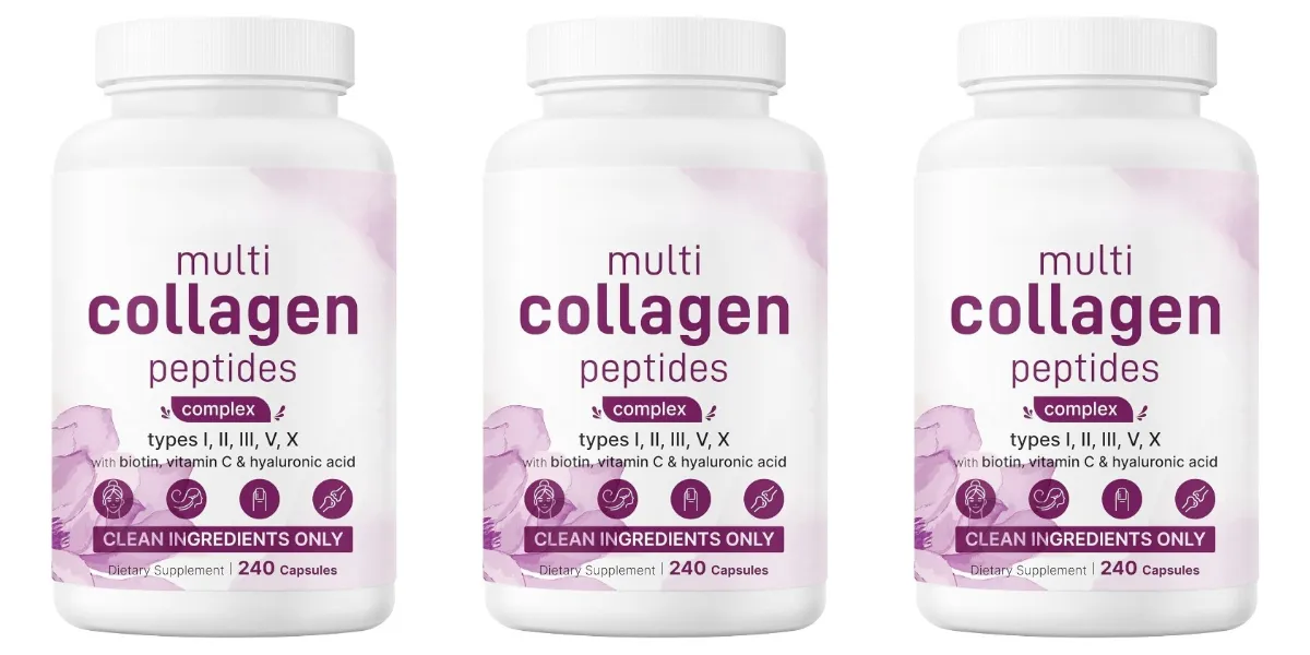 Multi Collagen Peptides Capsules with Biotin Vitamin C and Hyaluronic Acid Contains Eggs and Fish 240 Capsules