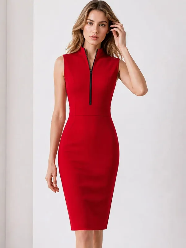 Womens Elegant Fashion Summer Colorblock Round Neck Sleeveless Work Office Knee Length Business Casual Party Pencil Dress