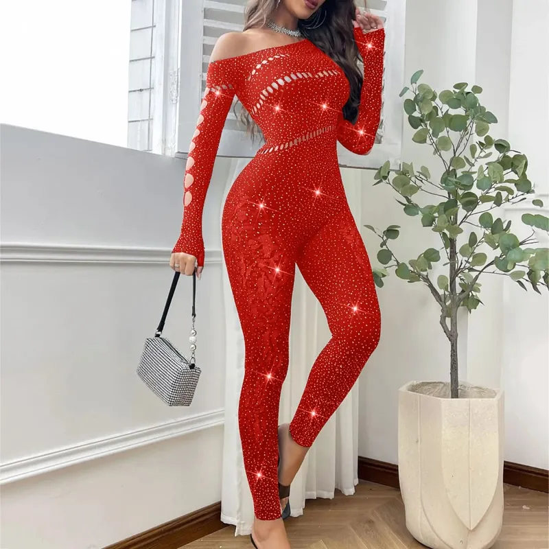 Kvinder Sexet Mesh Rhinestone Jumpsuit Langærmet Se Through High Stretch Body Strømper Jumpsuit Club Plus Size Stock Lingeri — image 10