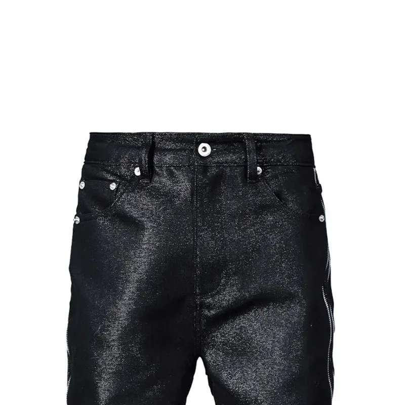 High Quality Silver Thread Woven Metal Texture Bootcut Jeans Man Side Double Zippers Gothic Punk Stacked Jeans