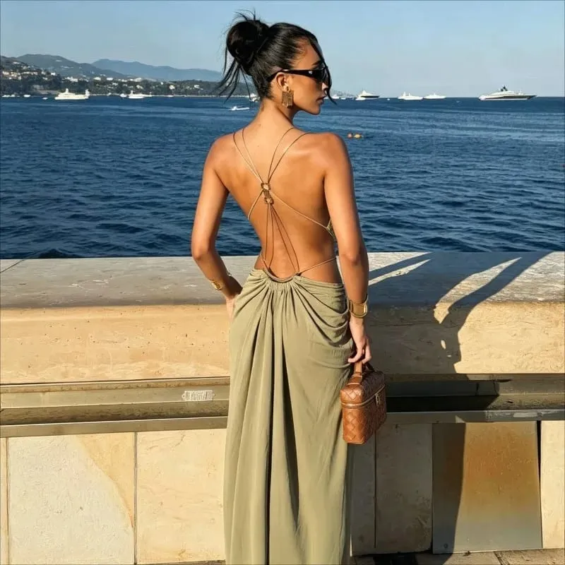 Potongan Spaghetti Metal Deep V Seksi Tali Spaghetti Ruched Maxi Dress Potongan Cross Backless Slim Gaun Mewah Pantai Petang Percutian — image 2
