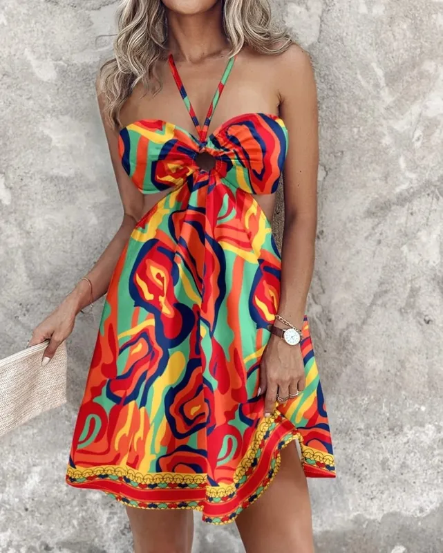Floral Print Halter Neck Cutout Mini Dress Beach Vacation Cover Up — image 5