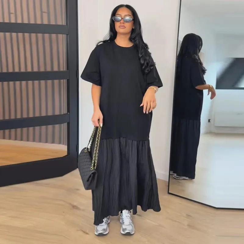Solid Color Loose Fit Flare Sleeve Tiered Dress Crew Neck Ruffle Hem Pleated Long Maxi Dresses 2026 Spring Chic Casual Outwear