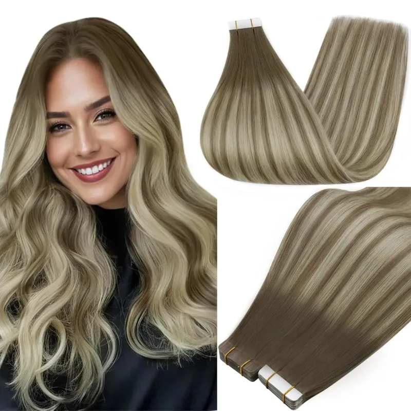Full Shine Tape in Hair Extensions Balayage Tape ins Human Hair Extensions 20Pcs 50G Ombre Seamless Remy Skin Weft Hair