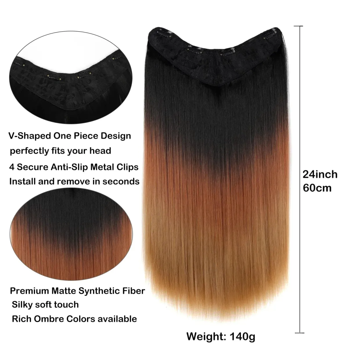 One Piece Clip In Hair Extension U-Shaped With 4 Clips Straight Black Brown Ombre Synthetic Hairpiece Wigs For Women Daily Party