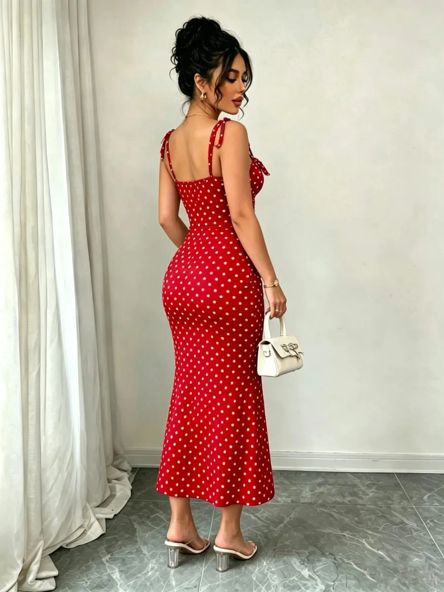 High-Elasticity Red Polka Dot Fishtail Skirt with Shoulder Straps + Chest Ruching for a Strong Waist Cinch Slim Fit Hip-Hugging Vintage Mid-Length Skirt — image 5