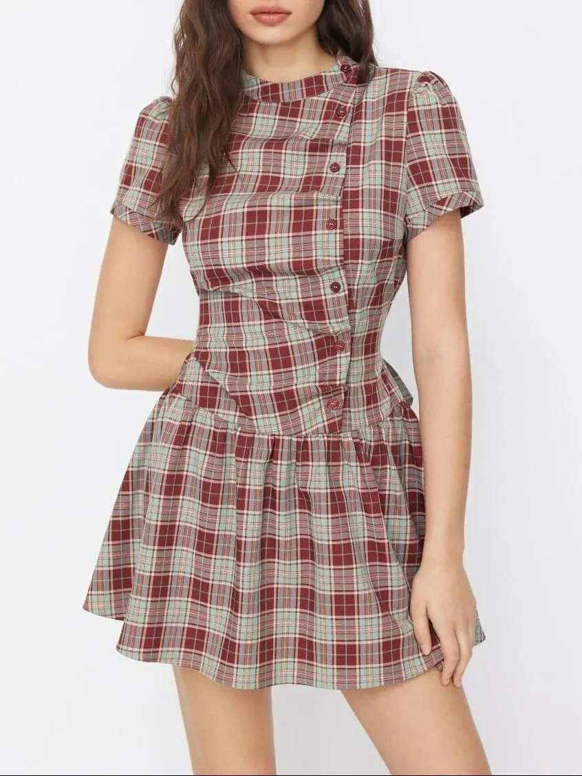 Women's Vintage Plaid A-Line Dress Short Sleeve Stand Collar Button down Pleated Mini Dress Casual Elegant Fashion — image 3