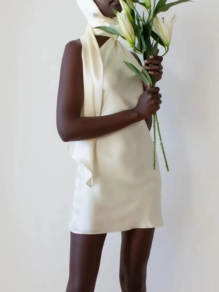 Pakaian Formal VGH Patchwork Untuk Wanita Kolar Halter Off Bahu Tanpa Lengan Pinggang Tinggi Tanpa Belakang Pakaian Mini Satin Gaya Wanita — image 3