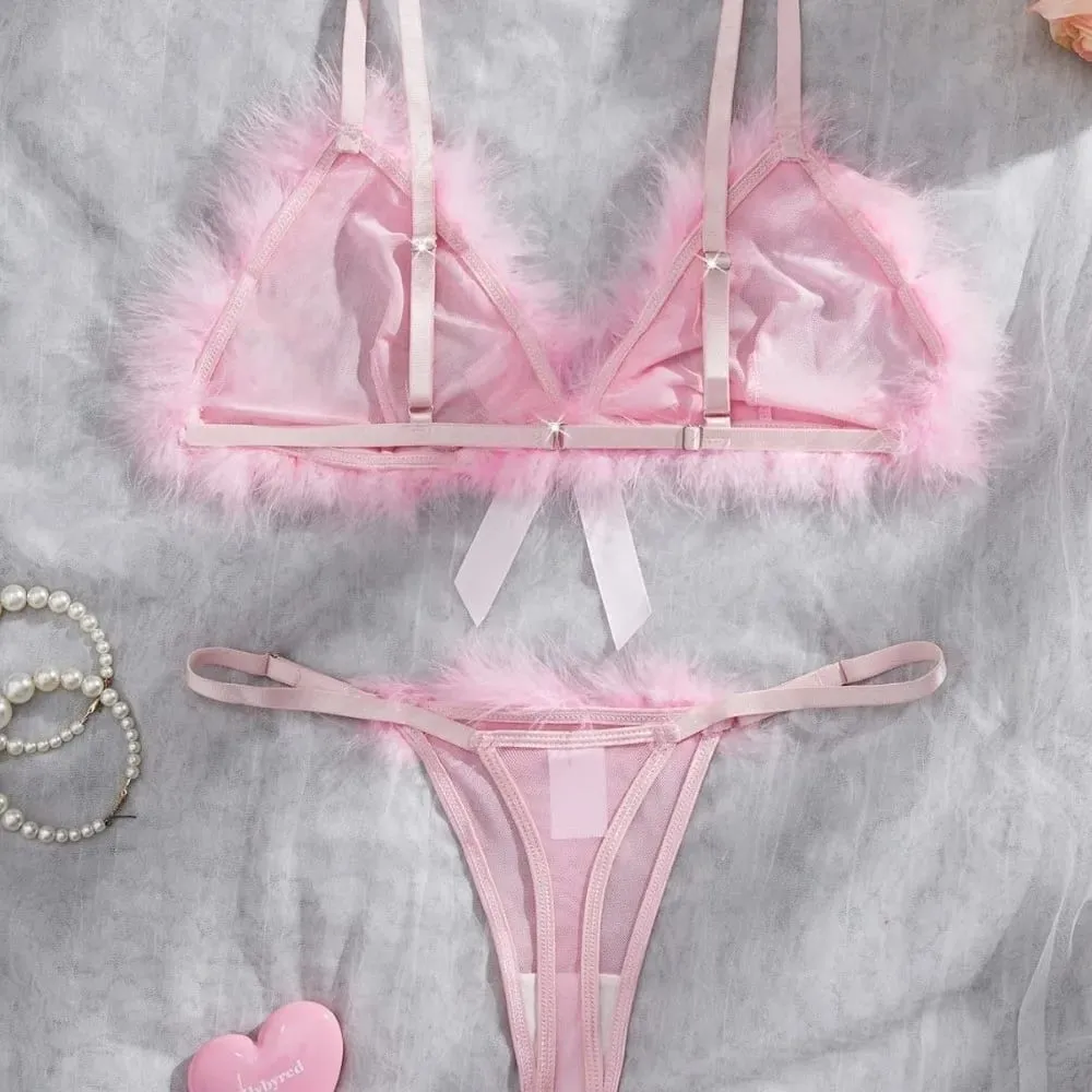 Furry Women's Underwear Mesh Transparent Bow Decor Lingerie Set Wireless Romantic Intimate Bra Panties Suit Anniversary
