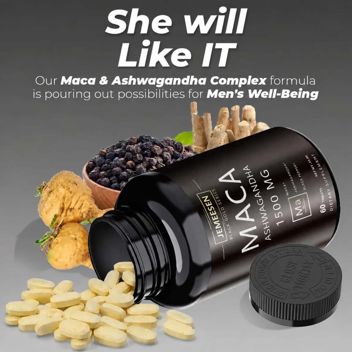 Capsules de poudre de racine de Maca biologique, 1500 mg, contenant de l'extrait de racine de Maca, suppléments de poivre noir Ashwagandha pour hommes