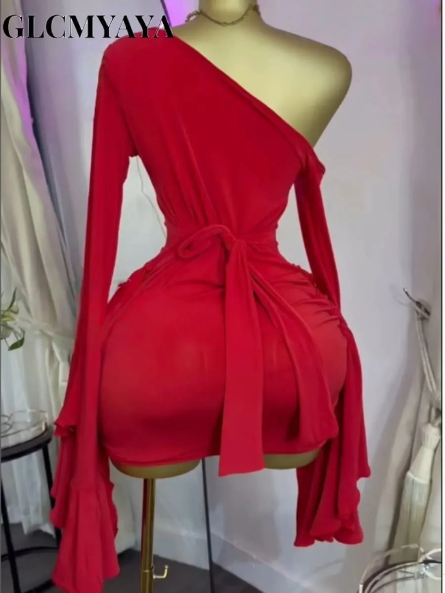 Women Drop Shoulder Flare Sleeve Ruffles Side Bodycon Midi Mini Dress 2026 Birthday Holiday Trendy Dresses Vestidos — image 3