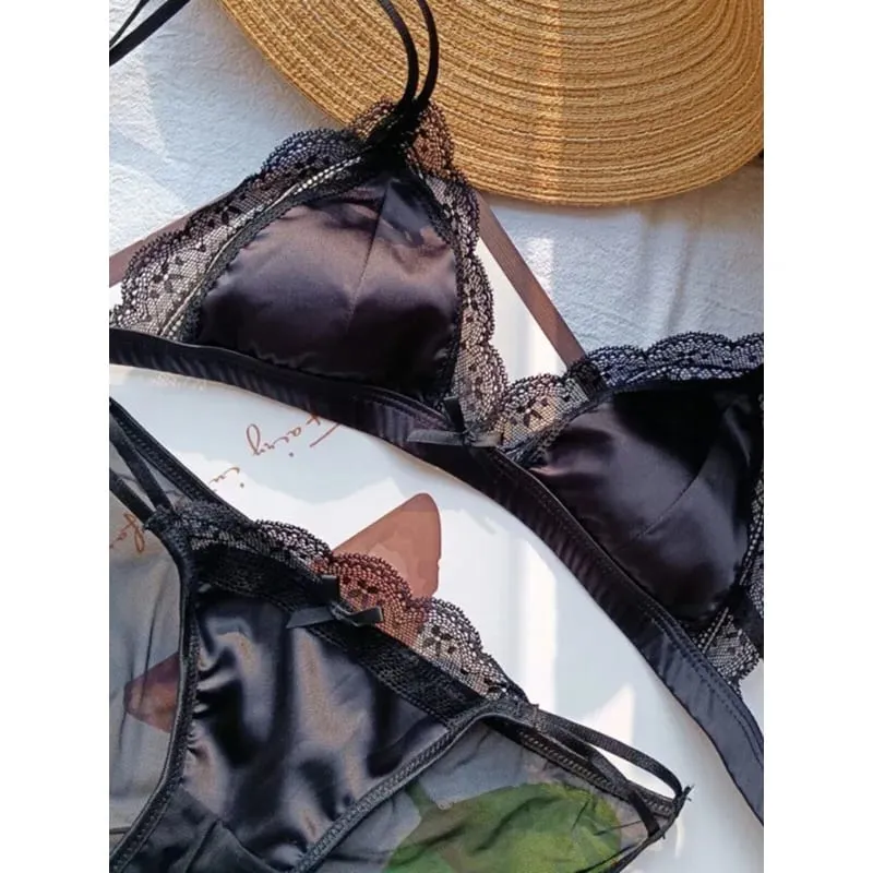 Classic French Bralette Without Underwire Elegant Lace Small Cup Lingerie Fashion Girl 3-Piece Bra Set with Soft Shaped Cup — image 3