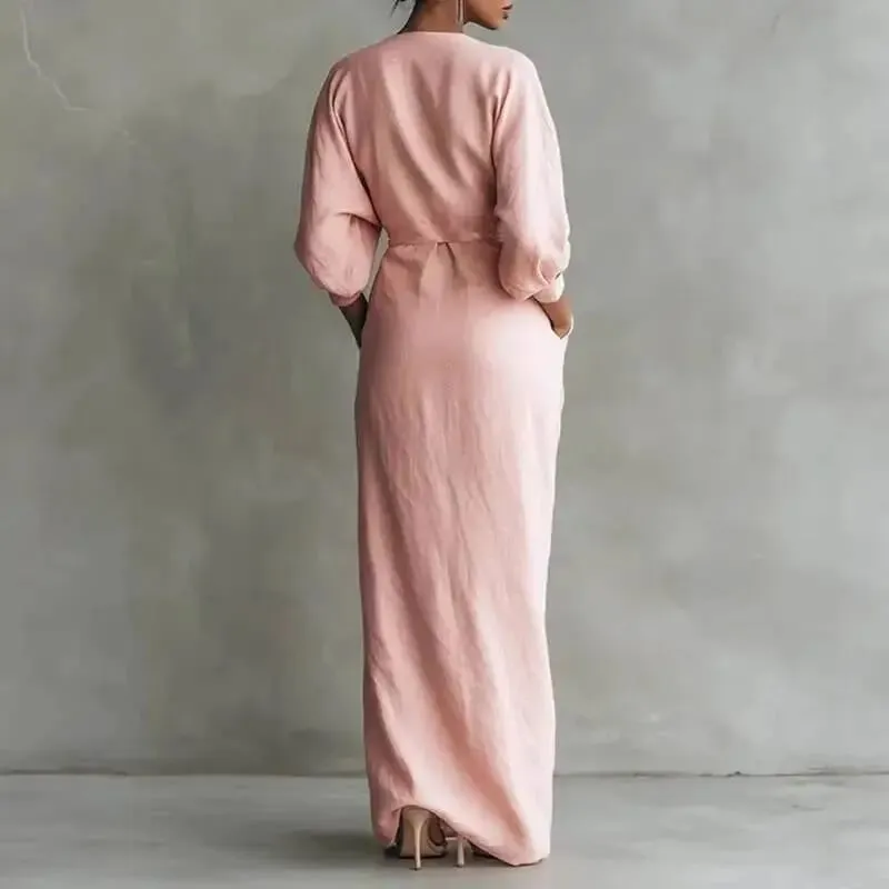 Women's Sexy V Neck Wrap Waist Dresses 2026 Spring Casual Solid Slim Bodycon Hips Elegant Long Sleeve Slit Maxi Dress