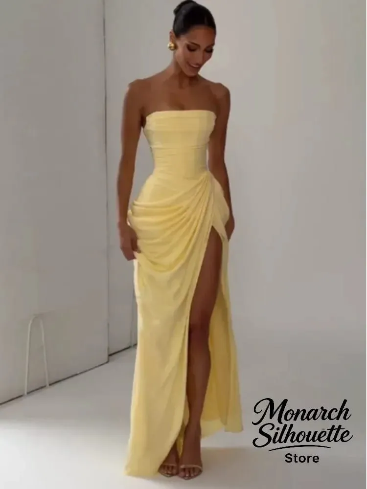 Elegant Yellow Strapless Pleated Long Dress Women Chic Solid Sleeveless Waist Cinching Split Gown 2026 Lady Evening Party Robes
