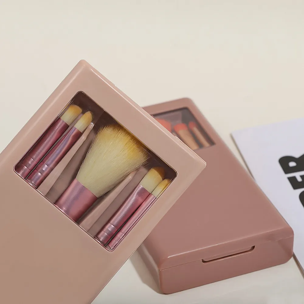 Portable Mini Makeup Brush Set with Mirror Case 5Pcs Travel Makeup Brushes for Foundation Eyeshadow Concealer — image 6