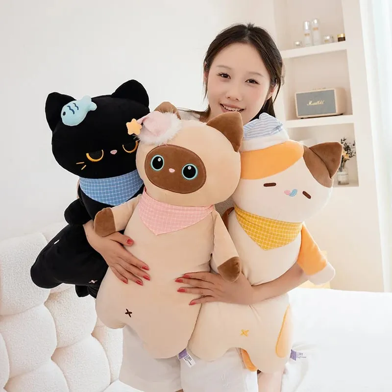 58cm Cute Sweet Dream Good Night Cat Throw Pillow Three Flowers Siam Coal Briquette Cat Doll Soft Stuffed Friend Gift — image 4