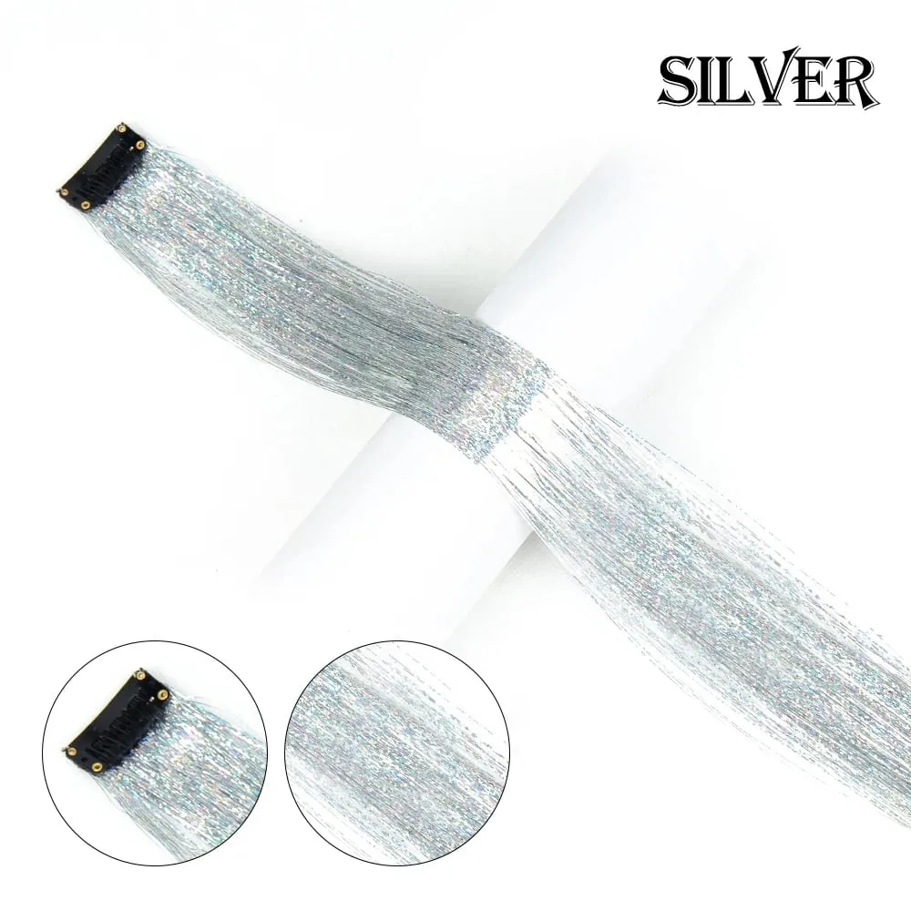 Straight Rainbow Colored Party Highlights Clip On In Hair Extensions Bling Hair Piece Synthetic Hairpieces Sparkling Tinsel Red