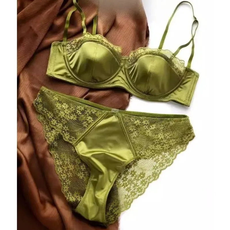European Satin Half Cup Push Up BH Set Bügel Dünn Glatt Grün Spitze Komfortabel Sexy Dessous Für Damen 32-38 Hot Selling YEMOMO — image 1