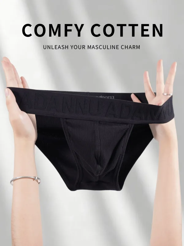 Men's Cotton Ribbed Skin-Friendly Bare Feel Convex Pouch Briefs, Embossed Letter Wide Waistband Slim Fit Underwear — image 3