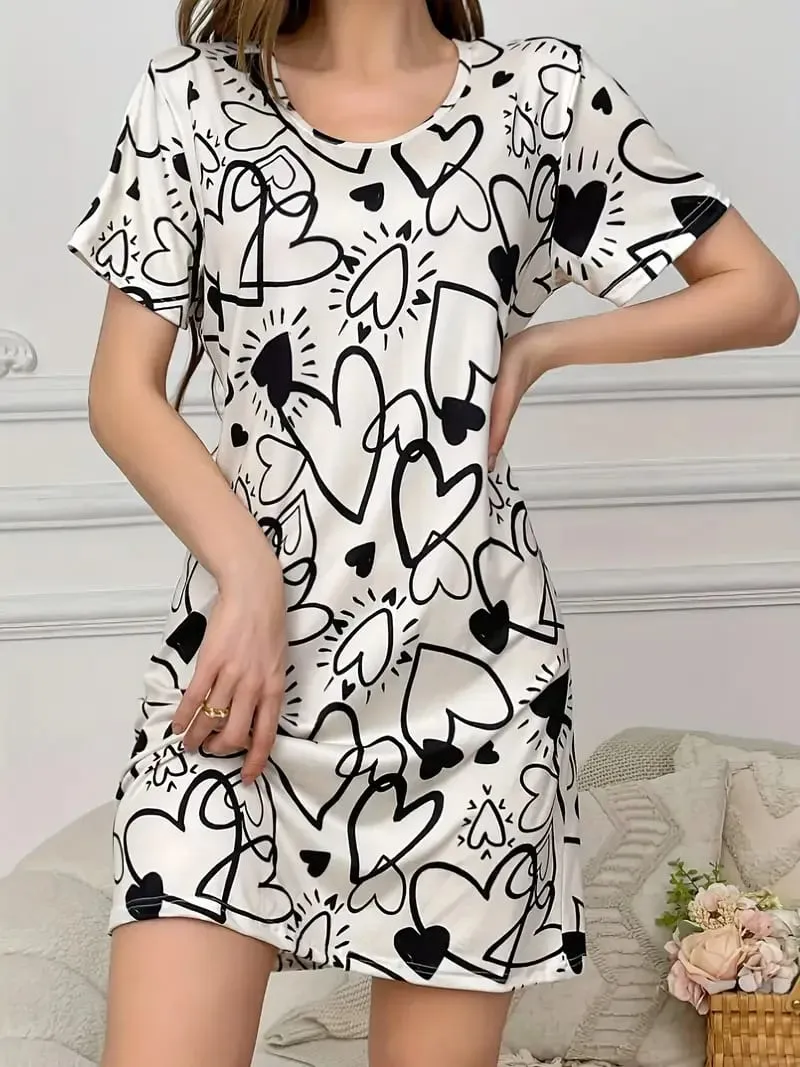 Women's Summer Casual Heart-Shaped Pattern Printed T-Shirt Dress - Suitable for Women's Daily Wear and Home Wear