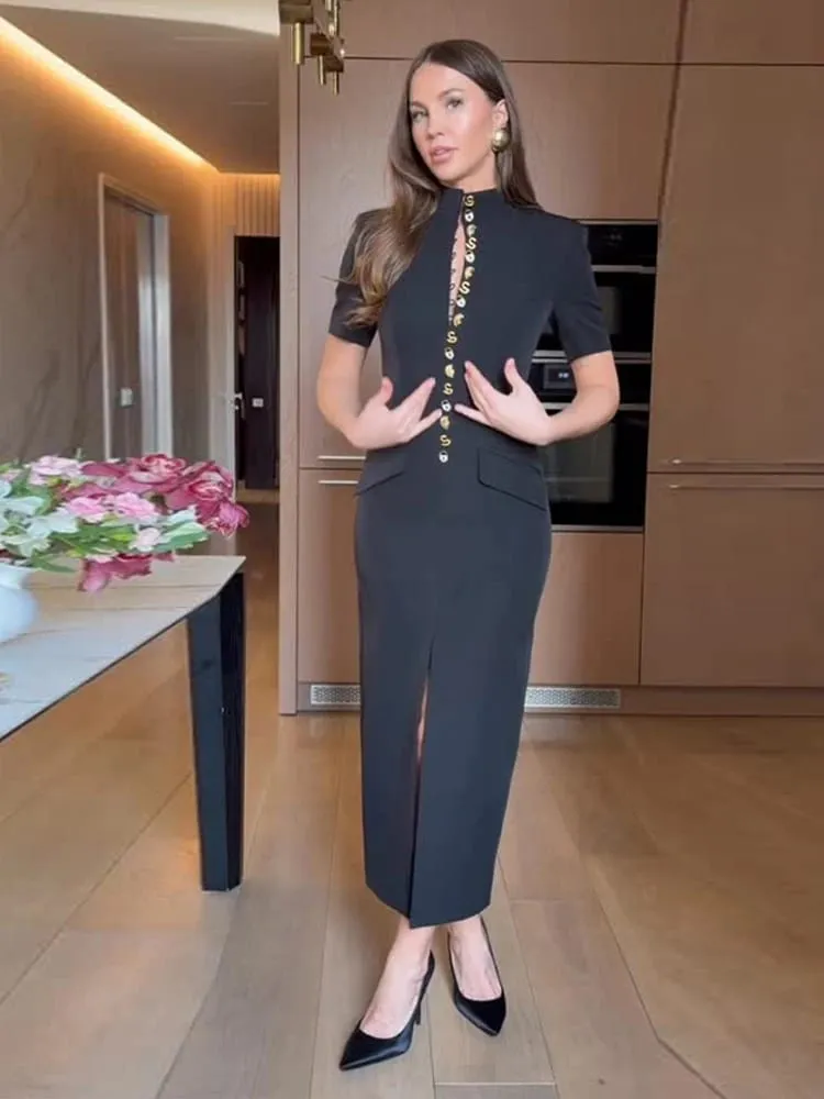 Elegante frauen Kleid V-ausschnitt Kurzarm Einreiher Solide Weibliche Lange Kleider 2026 Sommer Mode Sexy Neue Chic Dame Robe — image 2