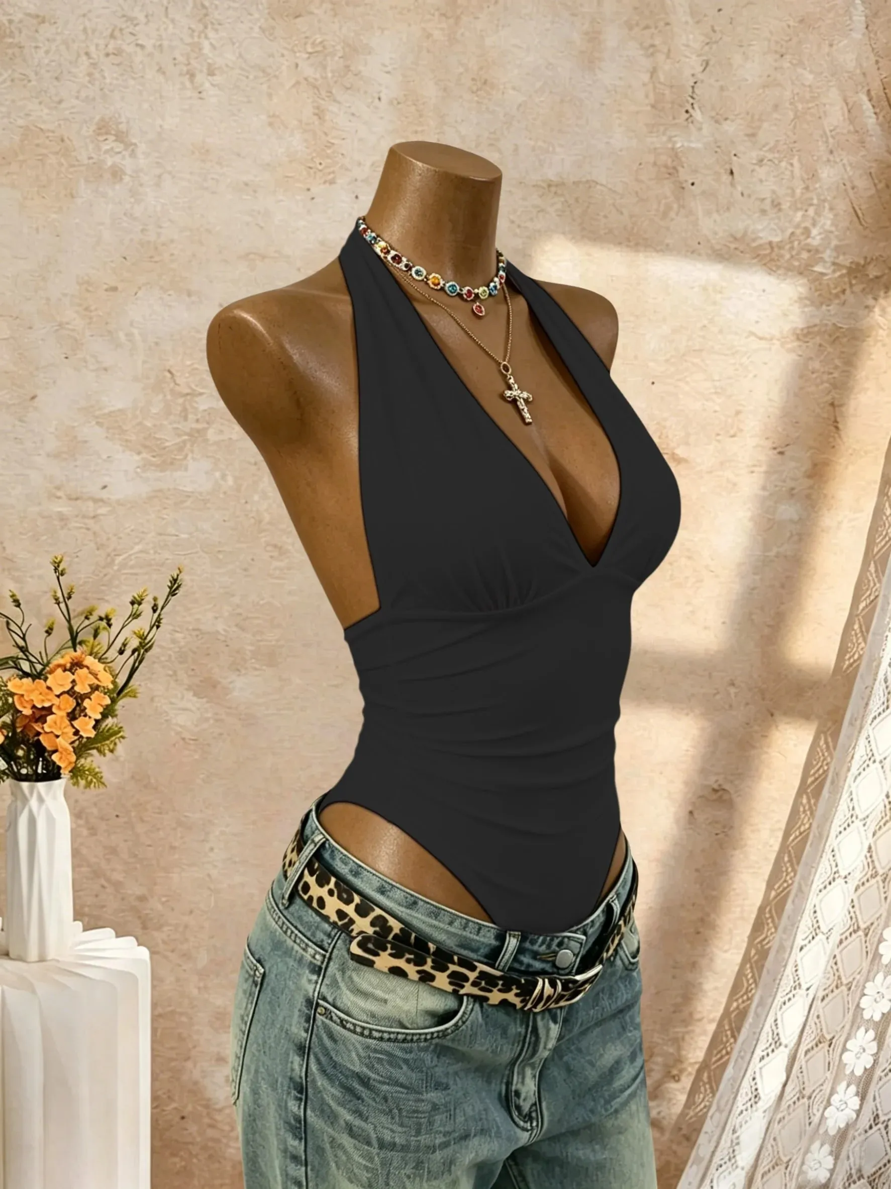 Women Halter Deep V Neck Bodysuit Solid Color Sleeveless Ruched Front Slim Fit Basic Jumpsuit Tank Top