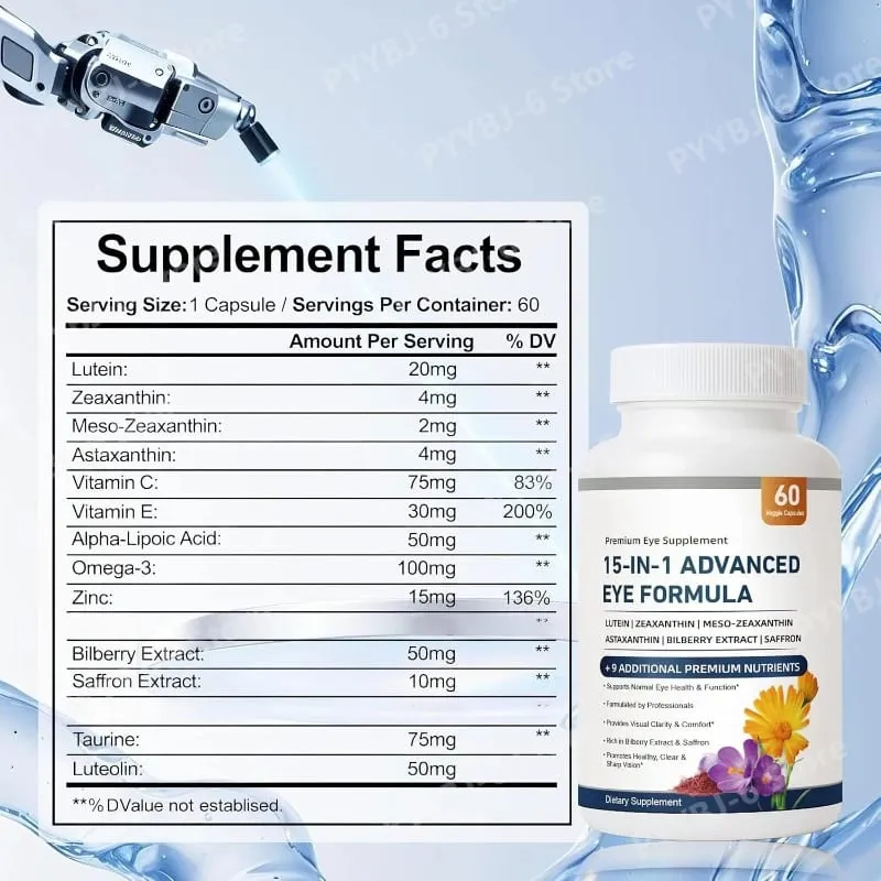 15-in-1 Advanced Eye Formula Lutein Zeaxanthin Bilberry Extract Vitamin C & E Supports Eye Health 60 Veggie Capsules for adult — image 7