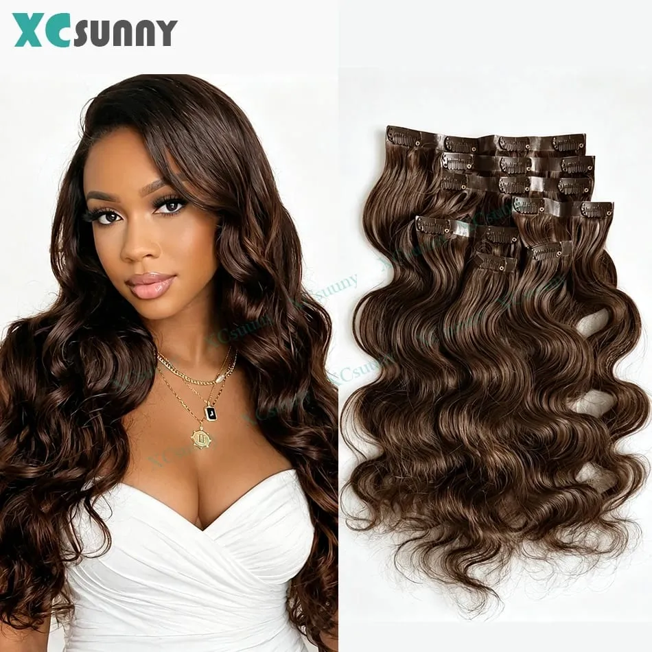 PU Clip Ins Human Hair Extensions Body Wave Chocolate Brown Color 4 Seamless Skin Weft Clip Ins for Women 100g- 240g