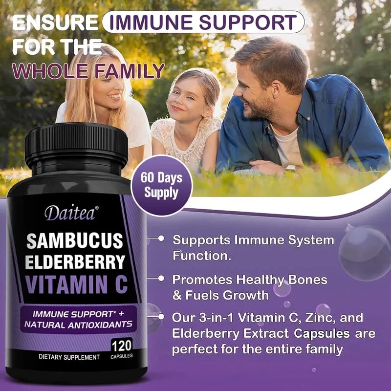 Sambucus Black Elderberry Capsules 350mg with Vitamin C Zinc Immune Support Antioxidant & Energy Boost Promotes Digestion — image 5